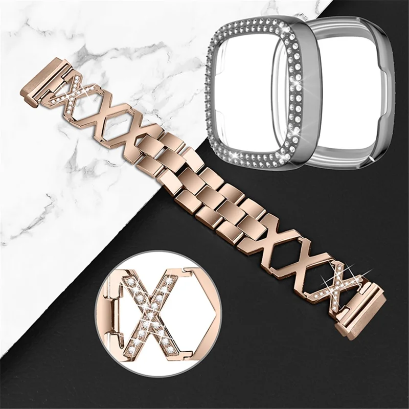 Per Fitbit Versa 3 / Sense X-Shape Design Bracciale in Acciaio Inossidabile Strap di Sostituzione Del Braccialetto + Rinastone a Due Fili Grey Watch Protective Case - Oro