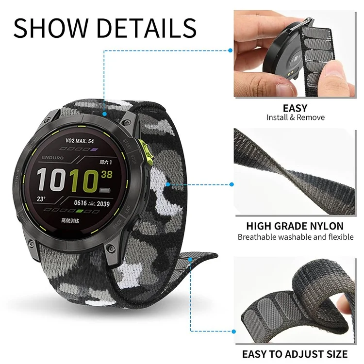 Pour Garmin Tactix 7 Pro / Fenix 7X / 6X Pro Remplacement de la bande de montre en nylon 26 mm Sangle de poignet ajustable à bande magique - Camouflage Gris