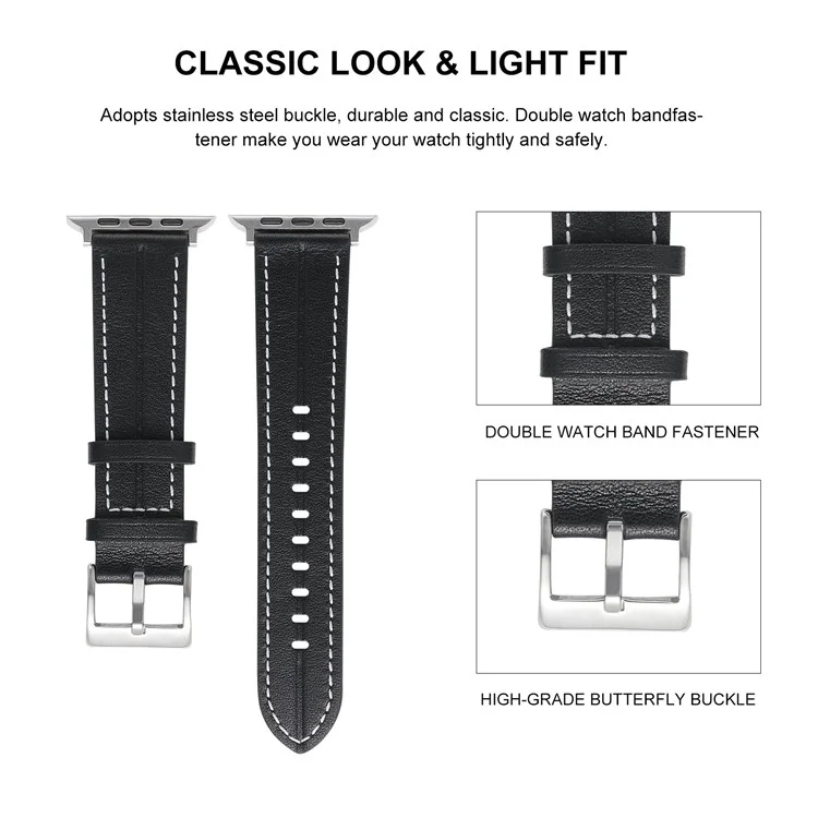 Watch Strap for Apple Watch Series 10 42mm / 9 8 7 41mm / SE (2023) SE (2022) SE 6 5 4 40mm / 3 2 1 38mm Genuine Leather Watch Band - Black