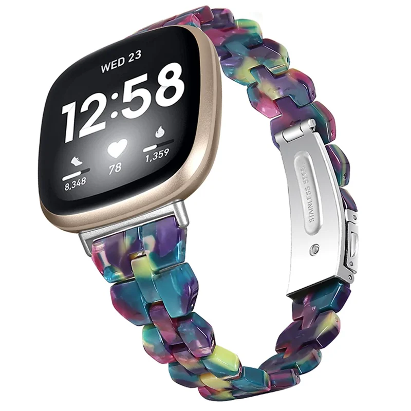 For Fitbit Versa 3 / Sense, Universal Resin Watch Strap Quick Release Smart Bracelet Band - Purple Green Flower