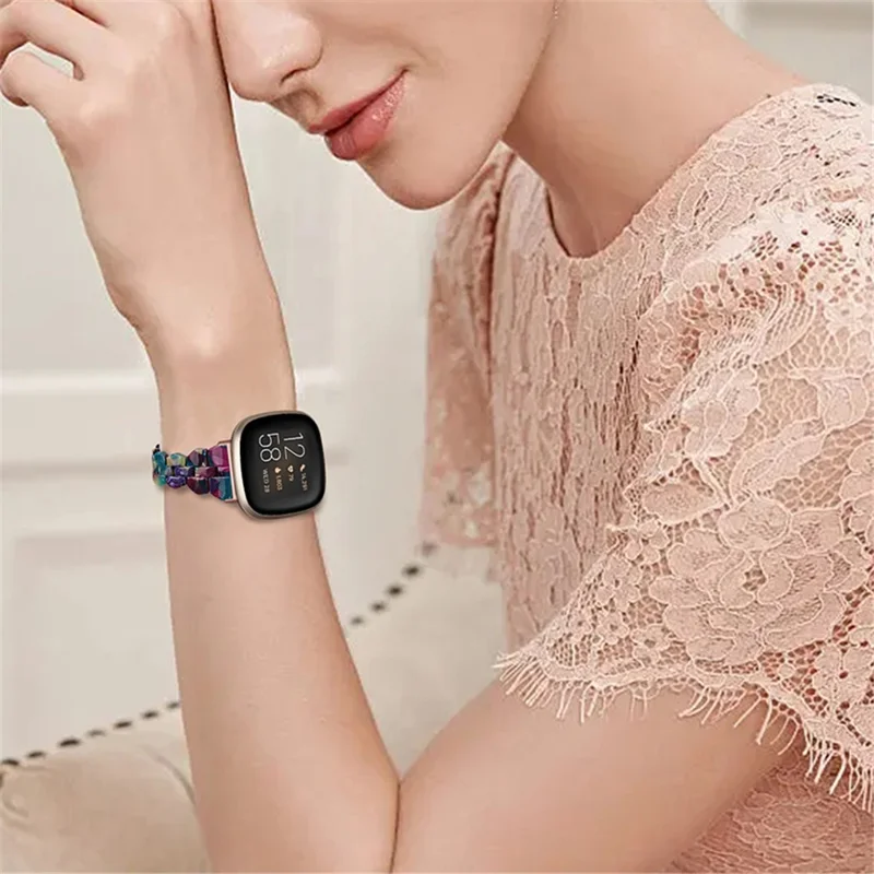 For Fitbit Versa 3 / Sense, Universal Resin Watch Strap Quick Release Smart Bracelet Band - Purple Green Flower