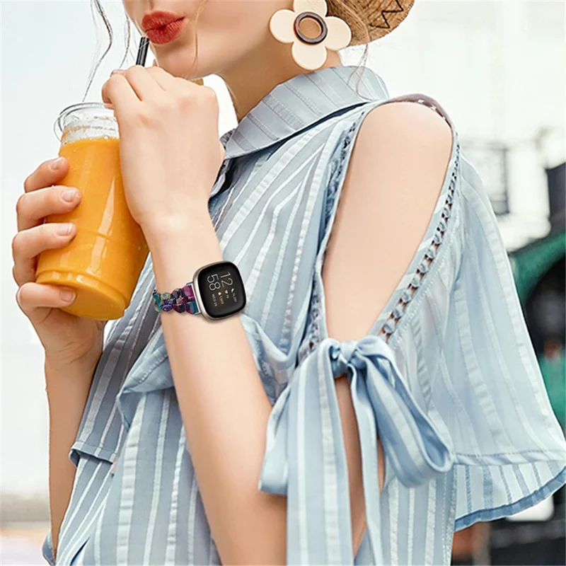 For Fitbit Versa 3 / Sense, Universal Resin Watch Strap Quick Release Smart Bracelet Band - Purple Green Flower