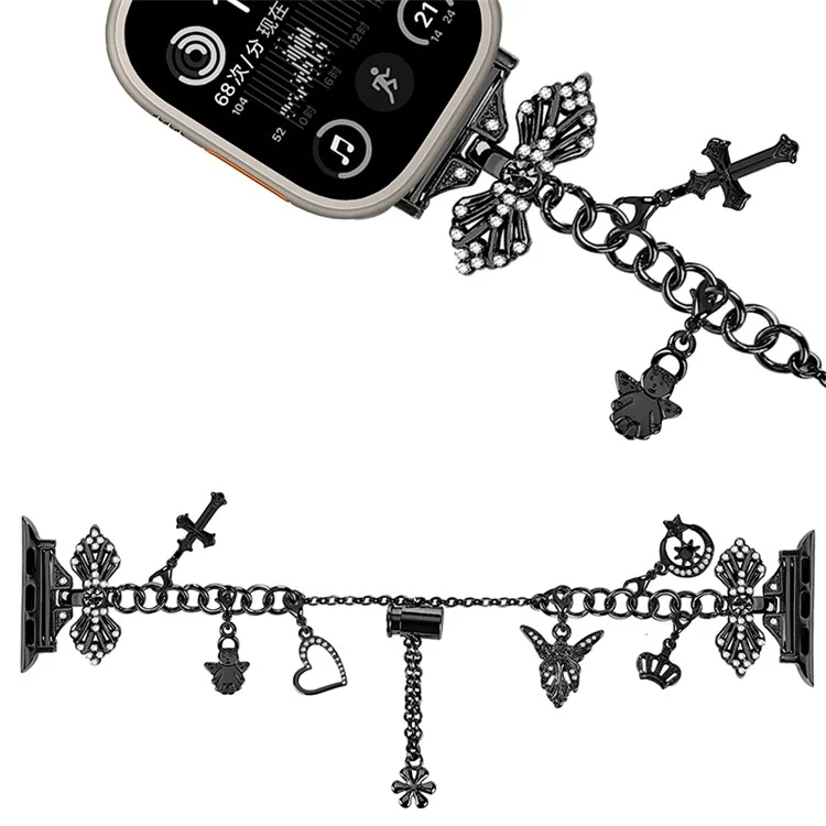 For Apple Watch Series 10 46mm / Ultra 2 Ultra 49mm /  Series 9 8 7 45mm / 6 5 4 SE (2023) SE (2022) SE 44mm / 3 2 1 42mm Watch Band Multiple Pendant Design Bracelet Strap - Black
