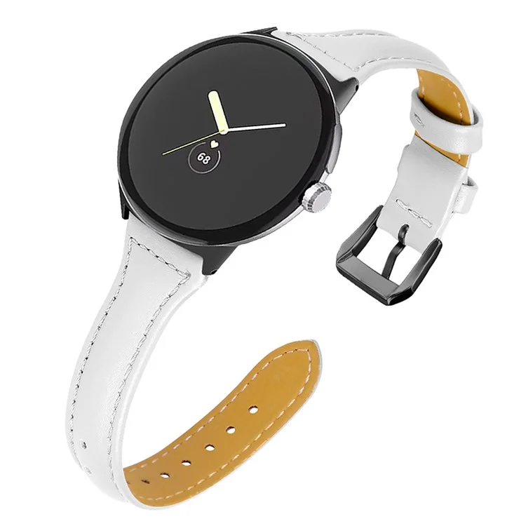 Per Google Pixel Watch 3 41mm / Watch 2 / Pixel Watch Genuine Leather Watch Band Adjustable 20mm Bracelet Strap with Black Connector - White