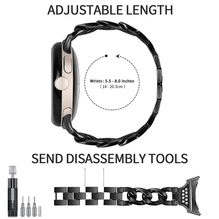 For Google Pixel Watch 2 / Pixel Watch Rhinestone Decor Metal Watch Band Wristband Replacement Strap - Black
