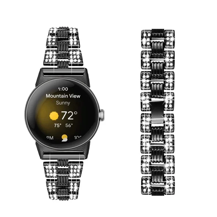 For Google Pixel Watch 2 / Pixel Watch Rhinestone Decor Stylish Smart Watch Band Zinc Alloy Wrist Strap Replacement - Black