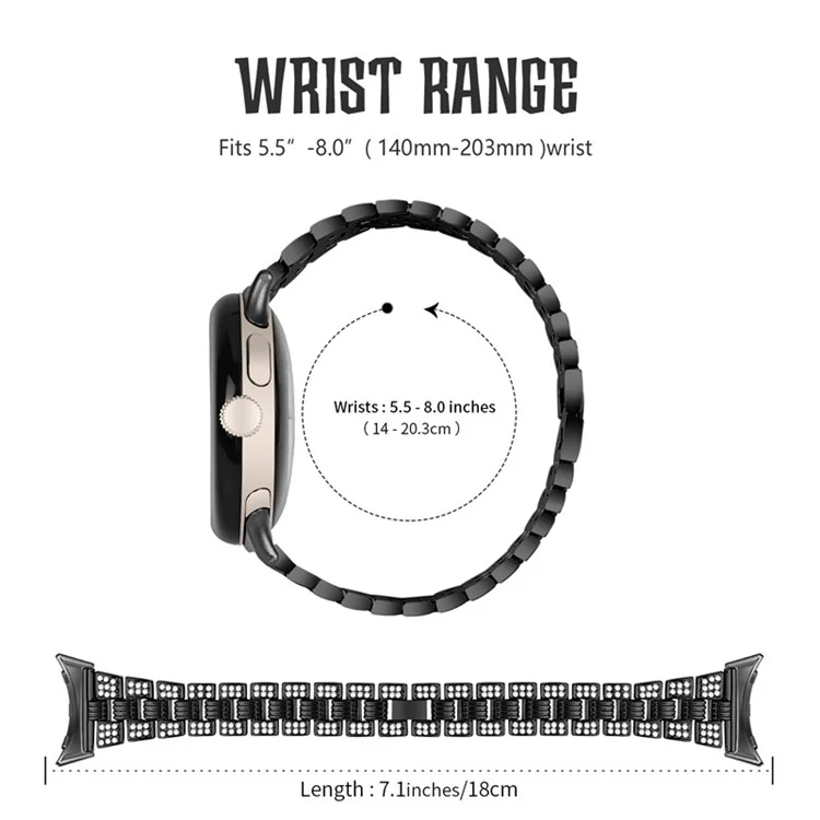 For Google Pixel Watch 2 / Pixel Watch Rhinestone Decor Stylish Smart Watch Band Zinc Alloy Wrist Strap Replacement - Black