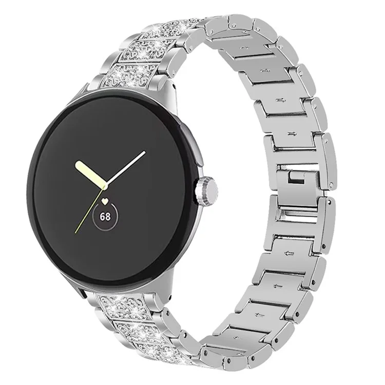 For Google Pixel Watch 2 / Pixel Watch Rhinestone Decor Watch Band Metal Watch Strap Replacement - Silver