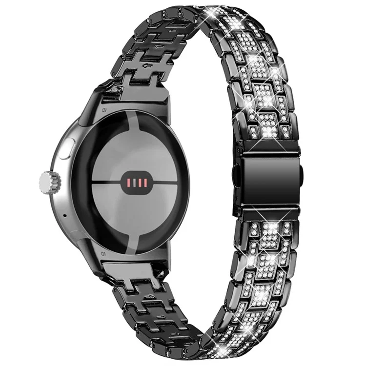 Für Google Pixel Watch 3 41mm / Watch 2 / Pixel Watch Rhinestones Decor Ersatz-Armband 5 Perlen Metall Dual-Press-Schnalle Smartwatch-Armband - Schwarz