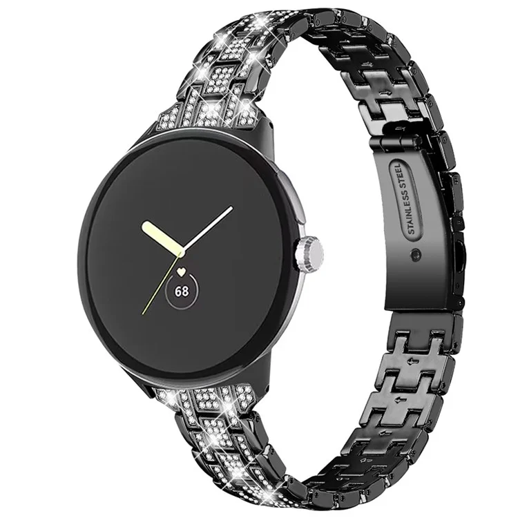 Für Google Pixel Watch 3 41mm / Watch 2 / Pixel Watch Rhinestones Decor Ersatz-Armband 5 Perlen Metall Dual-Press-Schnalle Smartwatch-Armband - Schwarz
