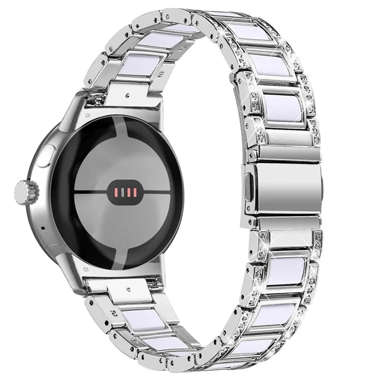 For Google Pixel Watch 2 / Pixel Watch Stainless Steel Resin Band Bracelet Rhinestone Decor Replacement Wristband - Sliver  /  White