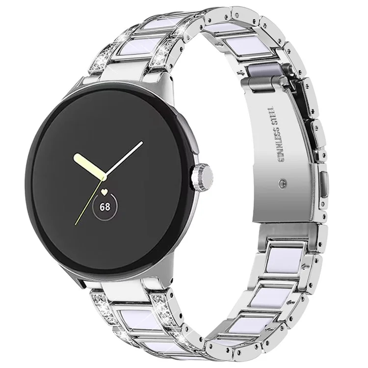 For Google Pixel Watch 2 / Pixel Watch Stainless Steel Resin Band Bracelet Rhinestone Decor Replacement Wristband - Sliver  /  White
