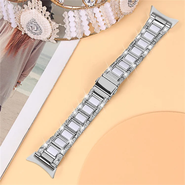 For Google Pixel Watch 2 / Pixel Watch Stainless Steel Resin Band Bracelet Rhinestone Decor Replacement Wristband - Sliver  /  White