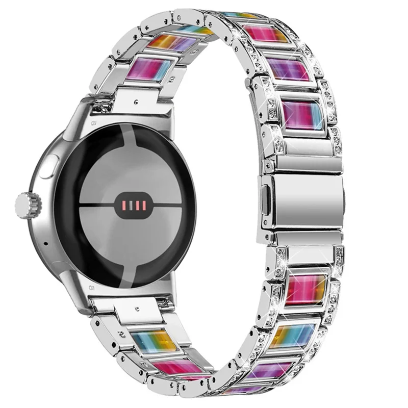For Google Pixel Watch 3 41mm / Watch 2 / Pixel Watch Stainless Steel Resin Band Bracelet Rhinestone Decor Replacement Wristband - Silver  /  Rainbow