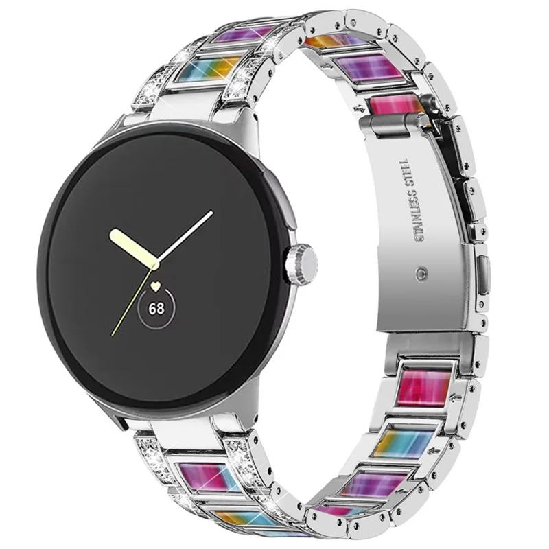 For Google Pixel Watch 3 41mm / Watch 2 / Pixel Watch Stainless Steel Resin Band Bracelet Rhinestone Decor Replacement Wristband - Silver  /  Rainbow