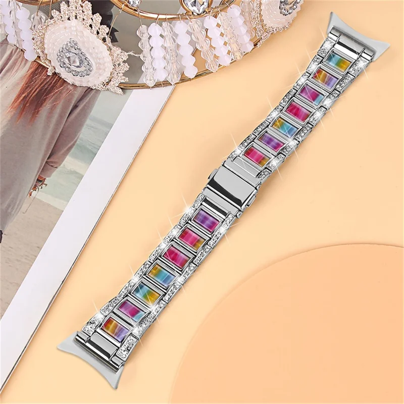 For Google Pixel Watch 3 41mm / Watch 2 / Pixel Watch Stainless Steel Resin Band Bracelet Rhinestone Decor Replacement Wristband - Silver  /  Rainbow