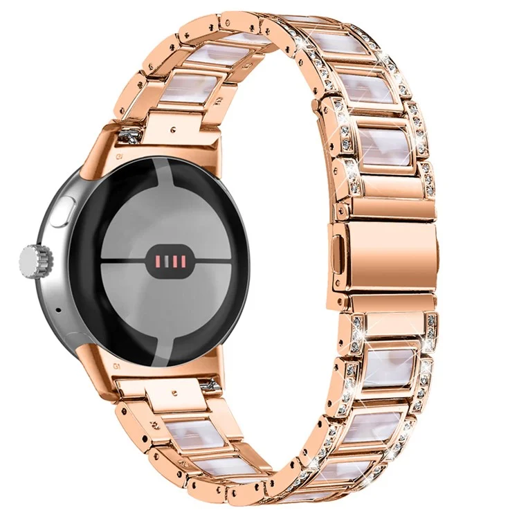 Para Google Pixel Watch 3 41mm / Watch 2 / Pixel Watch Pulsera de Acero Inoxidable y Resina Pulsera con Decoración de Cristales Strass - Rosa Dorado / Rosa Mezcla