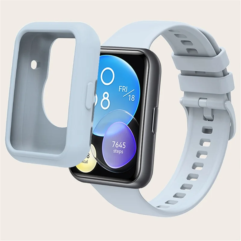 For Huawei Watch Fit 2 Silicone Strap Soft Sport Replacement Watch Band with Protective Frame Cover - Island Blue