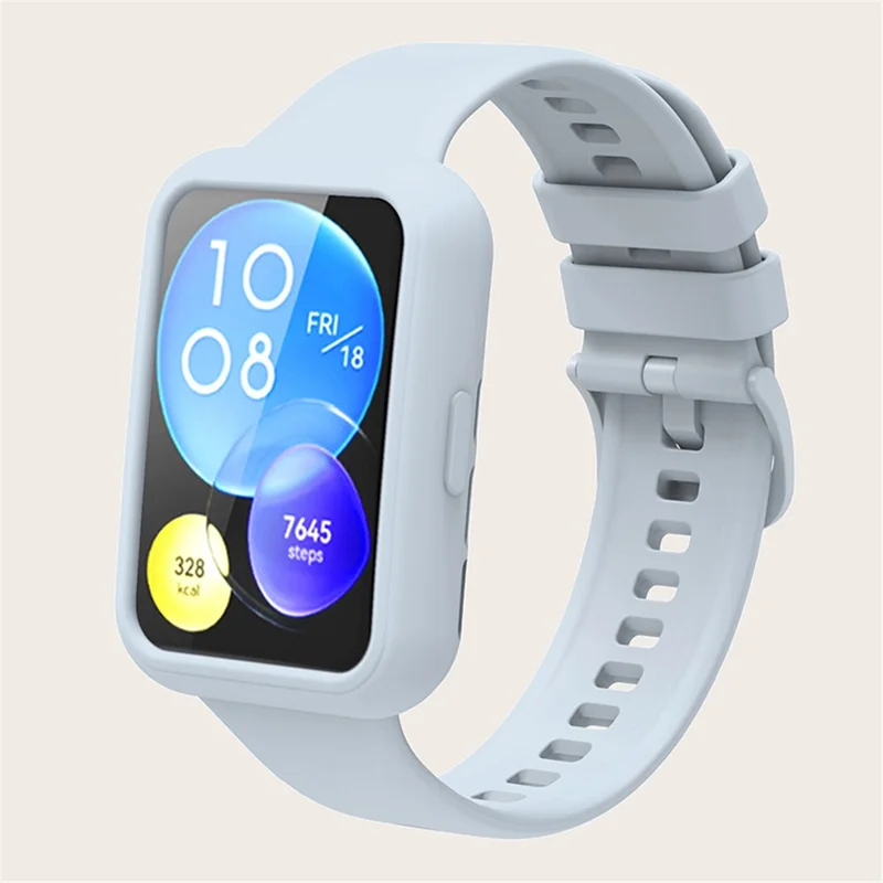 For Huawei Watch Fit 2 Silicone Strap Soft Sport Replacement Watch Band with Protective Frame Cover - Island Blue
