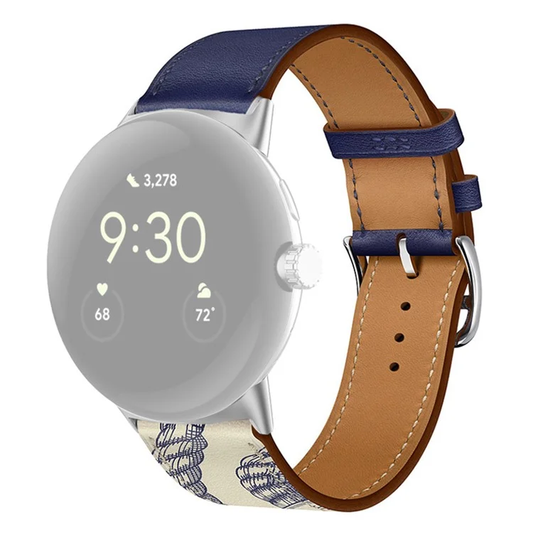For Google Pixel Watch 2 / Pixel Watch Genuine Leather Watch Band  Stainless Steel Buckle Replacement Strap - Dark Blue / Muddy Grey