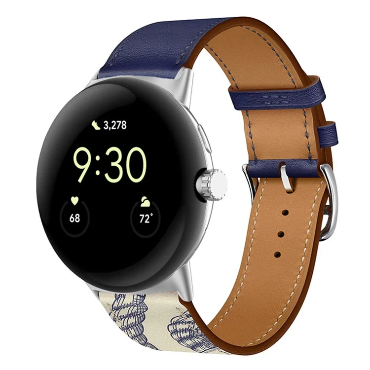 For Google Pixel Watch 2 / Pixel Watch Genuine Leather Watch Band  Stainless Steel Buckle Replacement Strap - Dark Blue / Muddy Grey