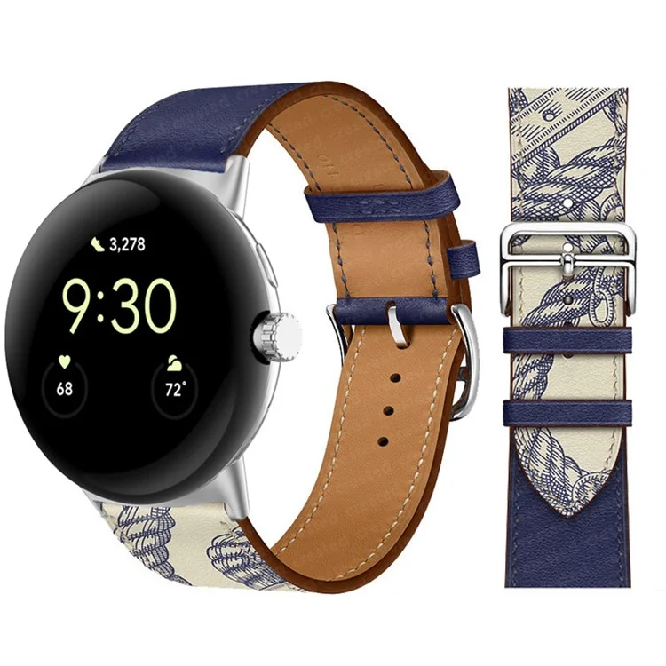 For Google Pixel Watch 2 / Pixel Watch Genuine Leather Watch Band  Stainless Steel Buckle Replacement Strap - Dark Blue / Muddy Grey
