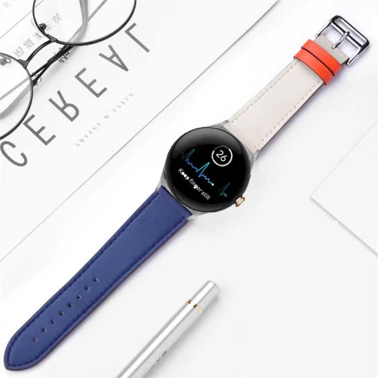 For Google Pixel Watch 2 / Pixel Watch Genuine Leather Watch Band  Stainless Steel Buckle Replacement Strap - Dark Blue / Muddy Grey