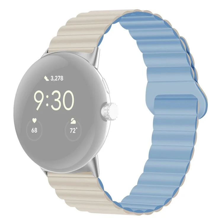 Per Google Pixel Watch 2 / Pixel Watch Dual-Color Silicone Replacement Strap 20mm Adjustable Magnetic Closure Watch Band - Bianco Antico / Azzurro Nebbioso
