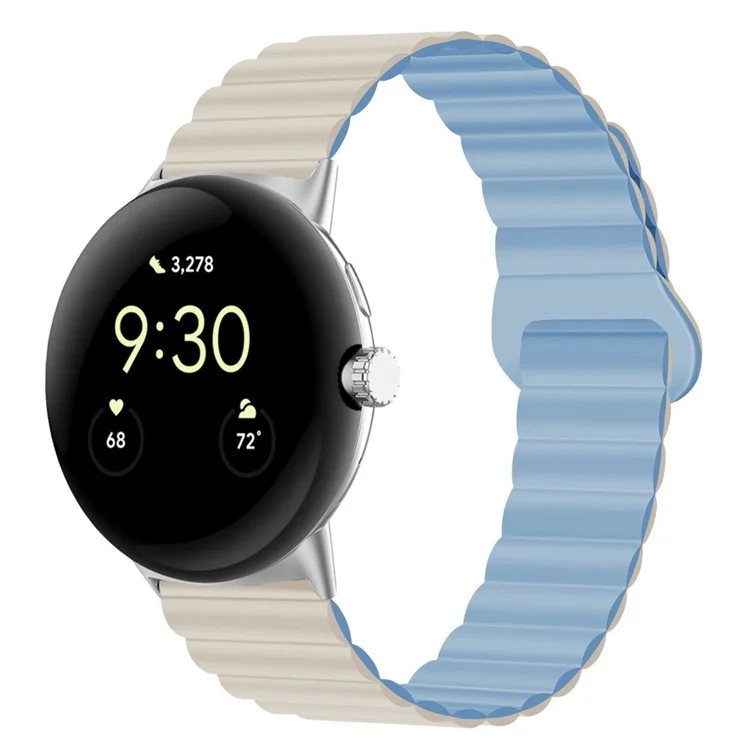 Per Google Pixel Watch 2 / Pixel Watch Dual-Color Silicone Replacement Strap 20mm Adjustable Magnetic Closure Watch Band - Bianco Antico / Azzurro Nebbioso