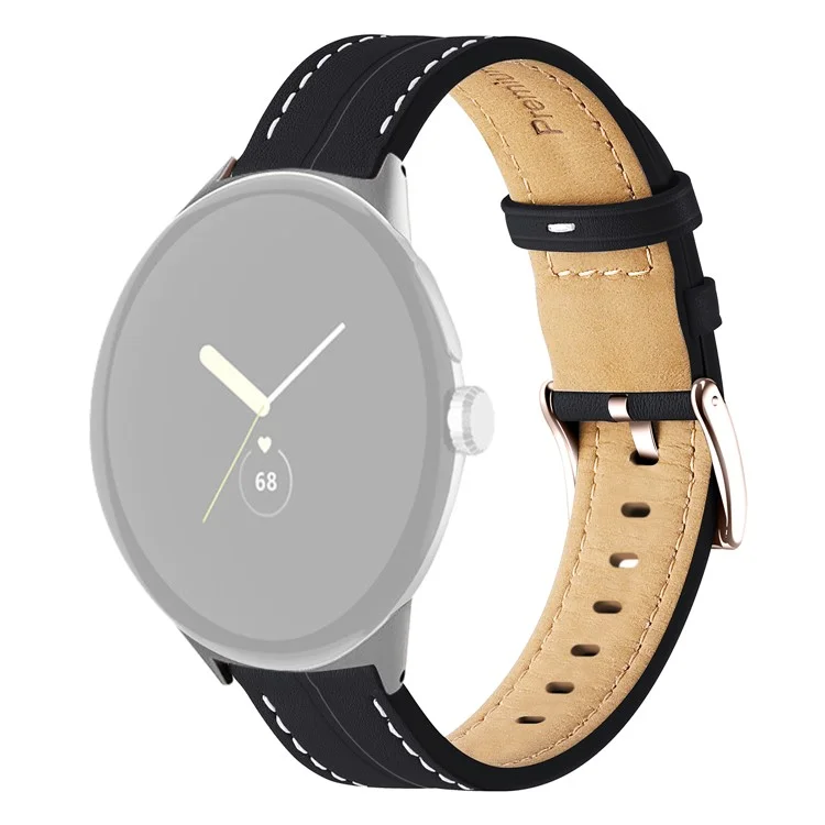 Para o Google Pixel Watch 3 41mm / Watch 2 / Pixel Watch Genuine Leather Watch Band Stainless Steel Buckle Stitched Replacement Strap - Black