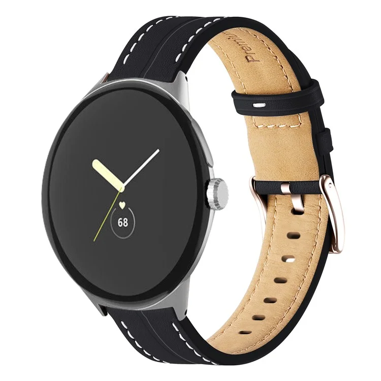 Para o Google Pixel Watch 3 41mm / Watch 2 / Pixel Watch Genuine Leather Watch Band Stainless Steel Buckle Stitched Replacement Strap - Black