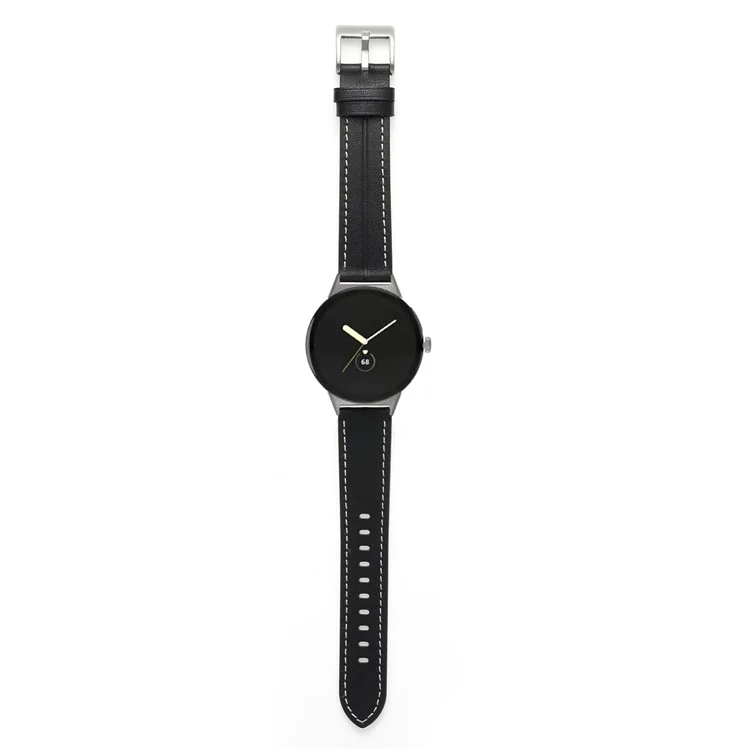 Para o Google Pixel Watch 3 41mm / Watch 2 / Pixel Watch Genuine Leather Watch Band Stainless Steel Buckle Stitched Replacement Strap - Black