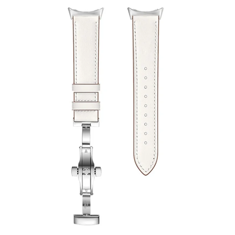 Butterfly Buckle Genuine Leather Strap for Google Pixel Watch 3 41mm / Watch 2 / Pixel Watch Replacement Watch Band - Silver Buckle / White