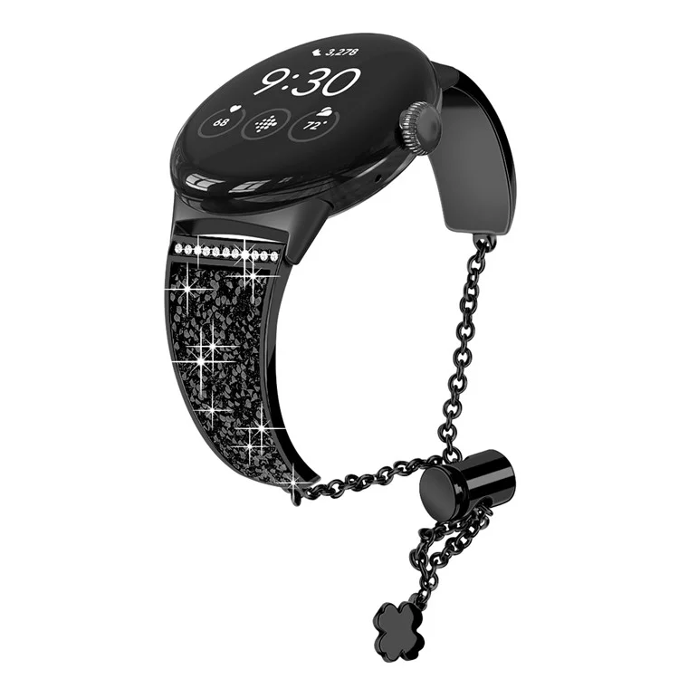 For Google Pixel Watch 3 41mm / Watch 2 / Pixel Watch Rhinestone Decor Bling Metal Chain Band Replacement Bracelet Watch Strap - Black