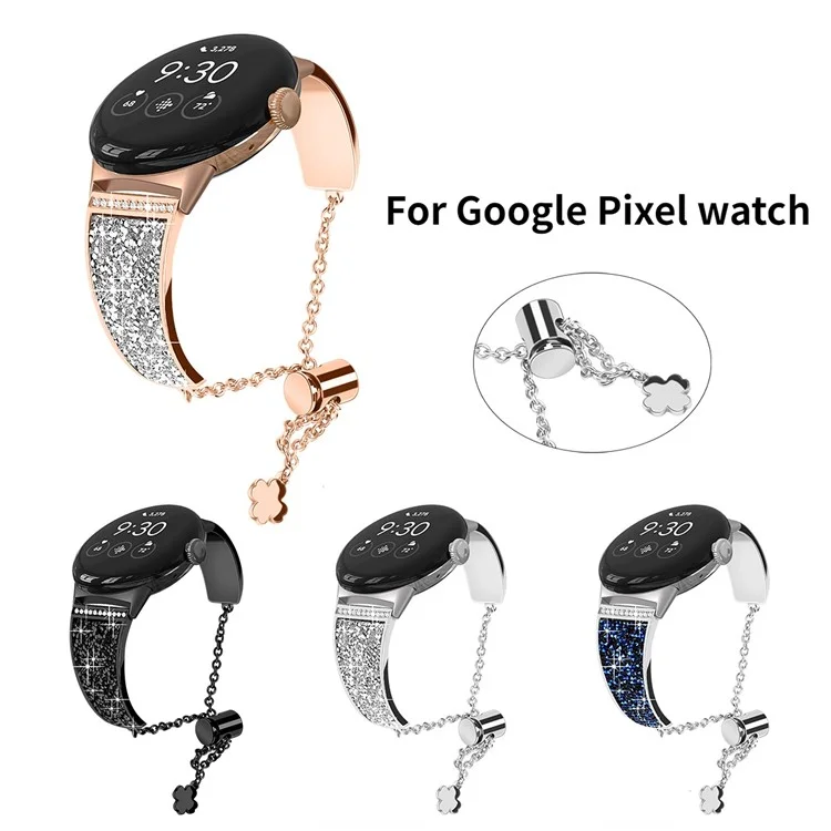 For Google Pixel Watch 3 41mm / Watch 2 / Pixel Watch Rhinestone Decor Bling Metal Chain Band Replacement Bracelet Watch Strap - Black