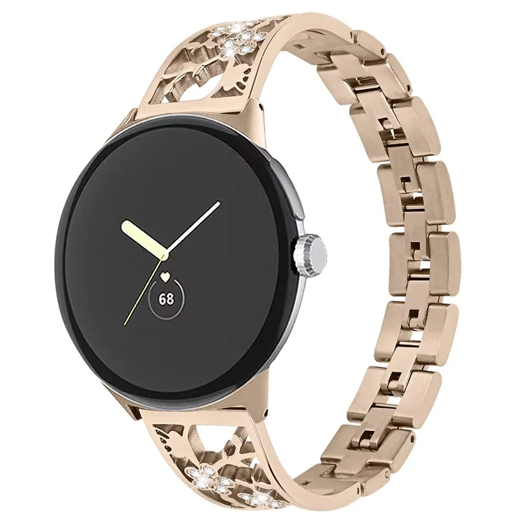 For Google Pixel Watch 3 41mm / Watch 2 / Pixel Watch 304 Stainless Steel Bracelet Rhinestone Decor Plum Wrist Strap Detachable Watch Band - Champagne Gold