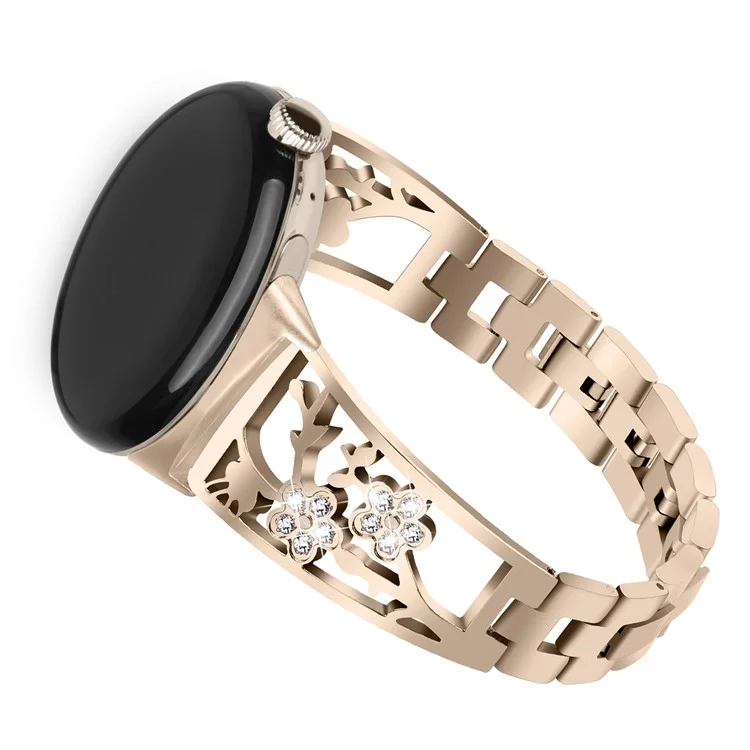 For Google Pixel Watch 3 41mm / Watch 2 / Pixel Watch 304 Stainless Steel Bracelet Rhinestone Decor Plum Wrist Strap Detachable Watch Band - Champagne Gold