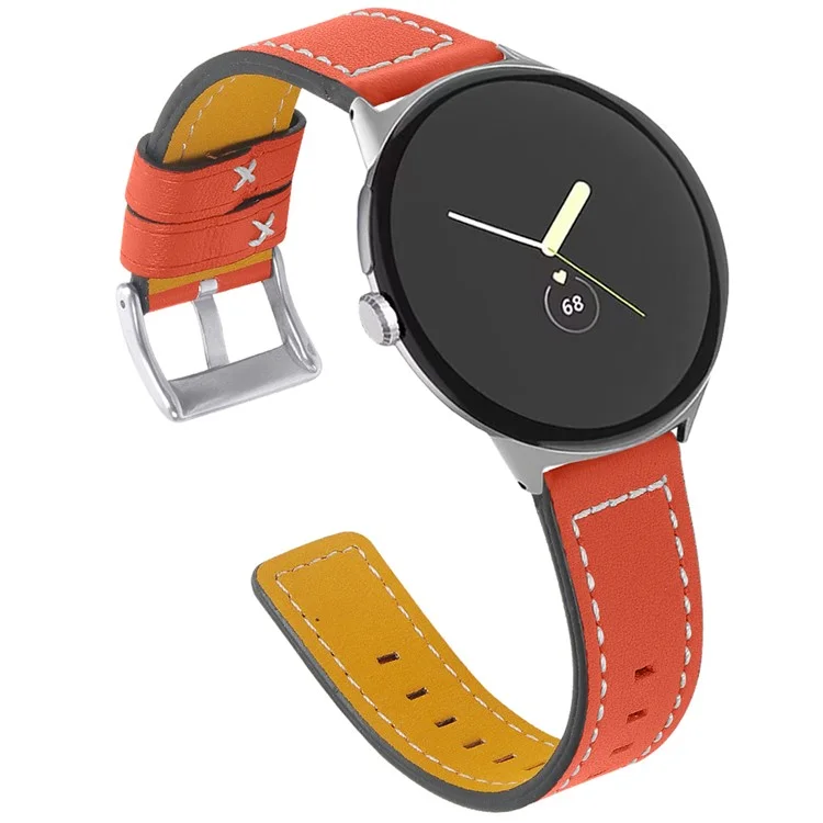 Stitching Watch Band for Google Pixel Watch 2 / Pixel Watch Genuine Leather Watch Strap Replacement Part - Orange