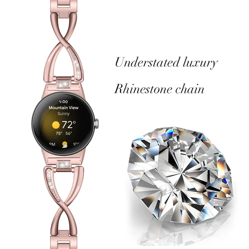 For Google Pixel Watch 3 41mm / Watch 2 / Pixel Watch Metal Watch Band Rhinestone Decor Replacement Strap Wrist Band - Rose Pink