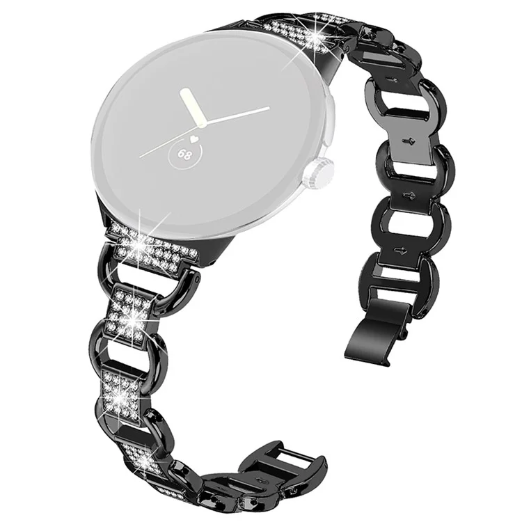 For Google Pixel Watch 2 / Pixel Watch Metal Bracelet Strap Rhinestone Decor Smartwatch Wrist Strap Replacement - Black