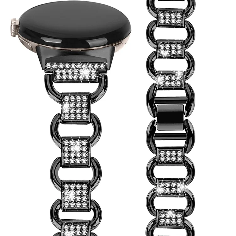 For Google Pixel Watch 2 / Pixel Watch Metal Bracelet Strap Rhinestone Decor Smartwatch Wrist Strap Replacement - Black