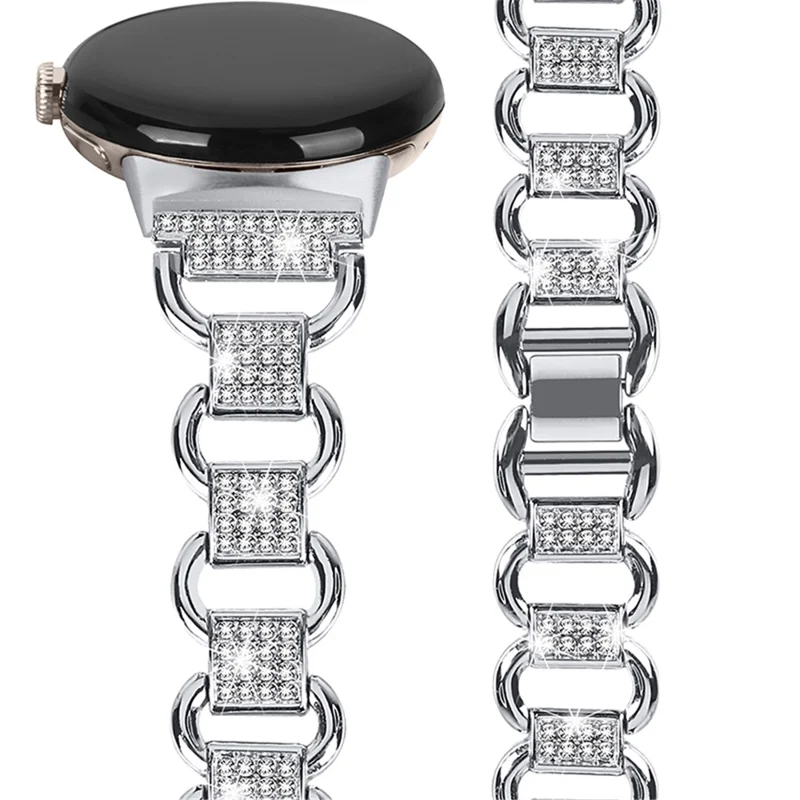 For Google Pixel Watch 3 41mm / Watch 2 / Pixel Watch Metal Bracelet Strap Rhinestone Decor Smartwatch Wrist Strap Replacement - Silver