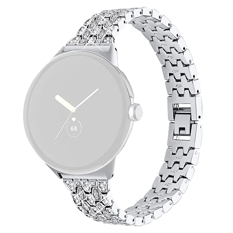 For Google Pixel Watch 3 41mm / Watch 2 / Pixel Watch Metal Rhinestone Decor Replacement Watch Strap Wrist Band - Silver / Transparent