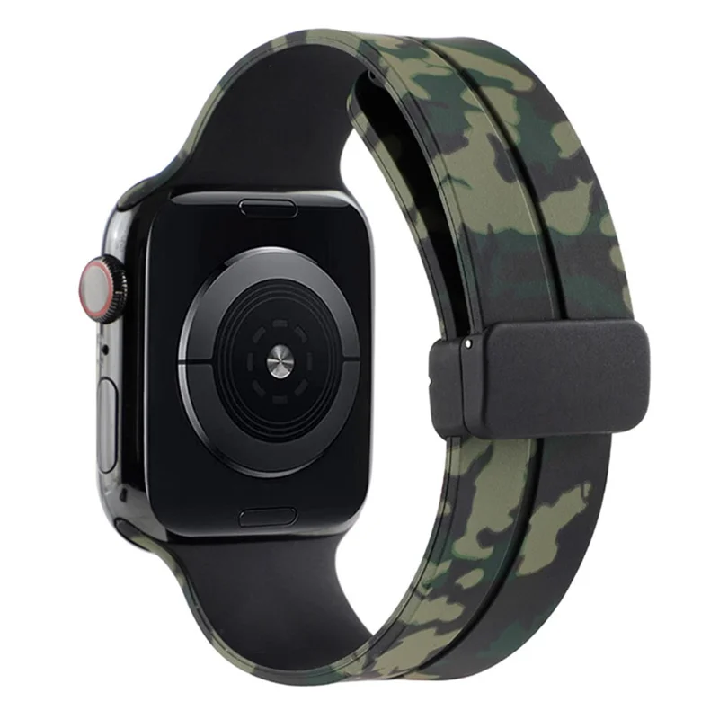 For Apple Watch Series 10 46mm / Ultra 2 Ultra 49mm /  Series 9 8 7 45mm / 6 5 4 SE (2023) SE (2022) SE 44mm / 3 2 1 42mm Camouflage Silicone Magnetic Buckle Strap - Army Green