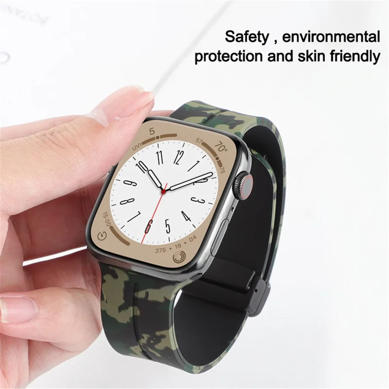 For Apple Watch Series 10 46mm / Ultra 2 Ultra 49mm /  Series 9 8 7 45mm / 6 5 4 SE (2023) SE (2022) SE 44mm / 3 2 1 42mm Camouflage Silicone Magnetic Buckle Strap - Army Green
