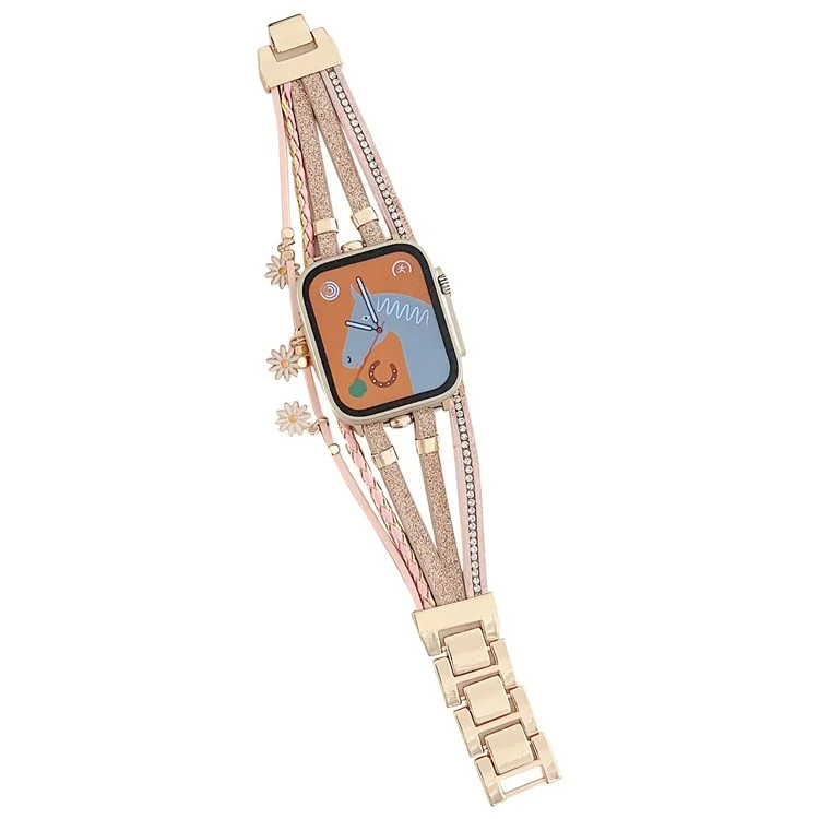 Para Apple Watch Series 10 46mm / Ultra 2 Ultra 49mm / Series 9 8 7 45mm / 6 5 4 SE (2023) SE (2022) SE 44mm / 3 2 1 42mm Metal Leather Strap Flower Pendant Bracelet Watch Band - Pink