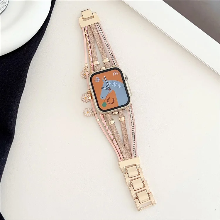 Para Apple Watch Series 10 46mm / Ultra 2 Ultra 49mm / Series 9 8 7 45mm / 6 5 4 SE (2023) SE (2022) SE 44mm / 3 2 1 42mm Metal Leather Strap Flower Pendant Bracelet Watch Band - Pink
