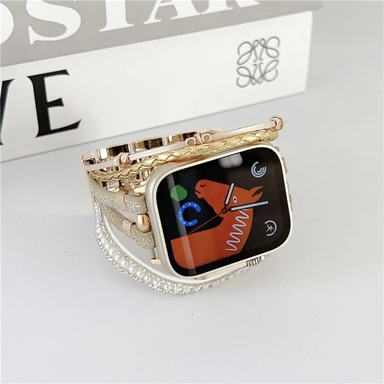 Para Apple Watch Series 10 46mm / Ultra 2 Ultra 49mm / Series 9 8 7 45mm / 6 5 4 SE (2023) SE (2022) SE 44mm / 3 2 1 42mm Metal Leather Strap Flower Pendant Bracelet Watch Band - Pink