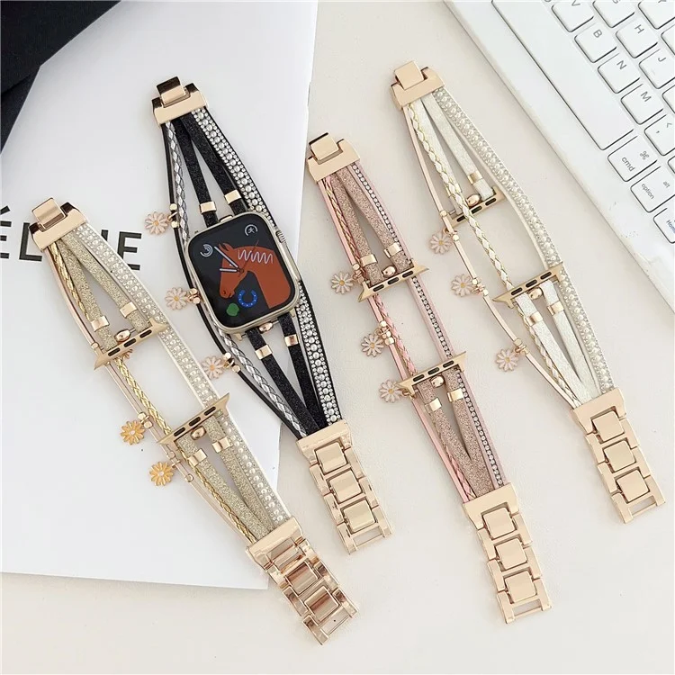 Para Apple Watch Series 10 46mm / Ultra 2 Ultra 49mm / Series 9 8 7 45mm / 6 5 4 SE (2023) SE (2022) SE 44mm / 3 2 1 42mm Metal Leather Strap Flower Pendant Bracelet Watch Band - Pink