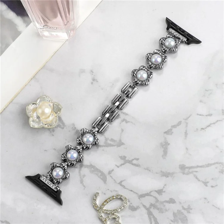 Watch Strap for Apple Watch Series 10 42mm / 9 8 7 41mm / SE (2023) SE (2022) SE 6 5 4 40mm / 3 2 1 38mm Watch Strap Flower Docor Metal Band Bracelet - Black